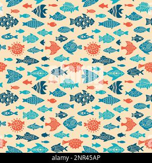 Fisch abstraktes tropisches Ziermuster nahtlos. Linear doodle trendige exotische Aquariumtiere grenzenlose Verzierungen, Zeichentrickfilm mit nautischen Wiederholtapeten. Ziergegenstände Süßwasser, Meeresfische Stempel Hintergrund Stock Vektor