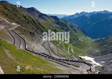 Stelvio, Stilfser Joch, Stilfserjoch, ohne Verkehr, freies Fahren, Bergstraße, Serpentinen, Serpentine Straße, Südtirol, Südtirol, Südtirol, Italien Stockfoto