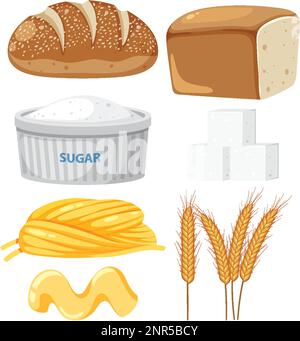 Kohlenhydrate-Lebensmittelgruppe auf weißem Hintergrund (Abbildung) Stock Vektor