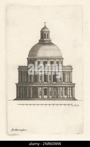 Höhe des Valois Mausoleum an der Basilika St. Denis. Im 16. Jahrhundert erbaut, wurde Notre-Dame-de-la-Rotonde nach dem Vorbild kreisförmiger römischer Tempel gestaltet. Die Kuppel der dritten Ebene wurde nie fertiggestellt und die Rotunde wurde 1719 abgerissen. Elevation du dehors de la Sepulture des Rois des Valois ein St. Denis. Gravur aus Kupferplatten, gezeichnet und graviert von Jean Marot aus seinen Recueil des Plans, Profils et Elevations de plusieurs Palais, Chasteaux, Eglises, Sepultures, Grotes et Hotels, Sammlung von Plänen, Profilen und Höhen von Palästen, Schlössern, Kirchen, Gräbern, Grotten und Hotels, chez M. Stockfoto