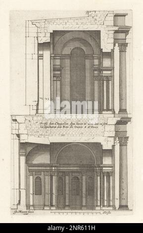 Durchqueren Sie die obere und untere Kapelle des Valois Mausoleum in der Basilika St. Denis. Im 16. Jahrhundert erbaut, wurde Notre-Dame-de-la-Rotonde nach dem Vorbild kreisförmiger römischer Tempel gestaltet. Die Kuppel der dritten Ebene wurde nie fertiggestellt und die Rotunde wurde 1719 abgerissen. Profil des Chapelles d'en haut et d'en Bas ou font les Sepultures des Rois de Valois a St. Denis. Gravur aus Kupferplatten, gezeichnet und graviert von Jean Marot aus seinen Recueil des Plans, Profils et Elevations de plusieurs Palais, Chasteaux, Eglises, Sepultures, Grotes et Hotels, Sammlung von Plänen, Profilen und Höhen von Palästen, Castl Stockfoto