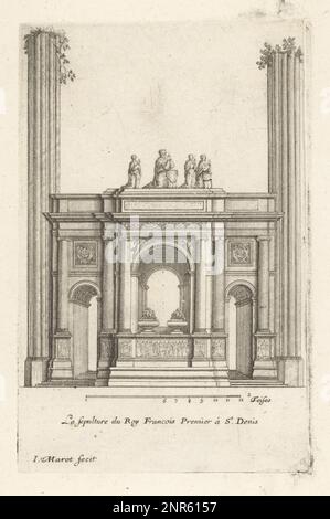 Das Grab von König Franziskus I. in der Basilika St. Denis. Francis I., seine Frau Claude von Frankreich und drei ihrer Kinder knieten oben im Gebet. La Sepulture du Roy Francois Premier A St. Denis. Gravur aus Kupferplatten, gezeichnet und graviert von Jean Marot aus seinen Recueil des Plans, Profils et Elevations de plusieurs Palais, Chasteaux, Eglises, Sepultures, Grotes et Hotels, Sammlung von Plänen, Profilen und Höhen von Palästen, Schlössern, Kirchen, Gräbern, Grotten und Hotels, chez Mariette, Paris, 1655. Stockfoto