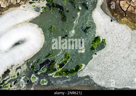 Ansicht von oben: Abwasser mit Luftblasen und Moos, das durch einen gerissenen Graben fließt. Sauerstoffblase in der Schmutzwasseraufbereitung in einem wassergefüllten Graben Stockfoto