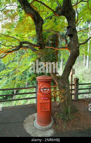 Ein roter Briefkasten neben einem knorrigen Baum in der Nähe des Yunoshimakan A Ryokan in den Bergen über Gero Onsen, Präfektur Gifu, Japan. Stockfoto