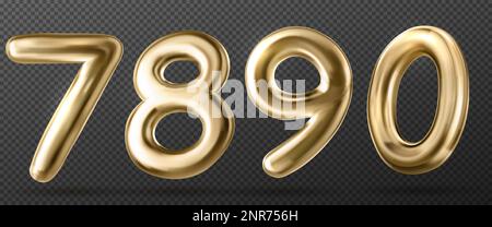 Satz realistischer goldener Chromzahlen, isoliert auf transparentem Hintergrund. Vektordarstellung von glänzendem Gelb 7, 8, 9, 0 Ballonfiguren png. Dekoration zum Hochzeitstag, Geburtstag, Urlaubskarte Stock Vektor