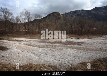 Schwangau, Deutschland. 23. Februar 2023. Der Pöllat-Gebirgsbach führt nur wenig Wasser. Angesichts der oft niedrigen Schneedecke in den Alpen und des fehlenden Regenfalls im Februar sagen Experten, dass bald eine massive Dürre droht. (An dpa: "Erschreckend wenig Schnee: Massive Dürreperioden") Kredit: Karl-Josef Hildenbrand/dpa/Alamy Live News Stockfoto