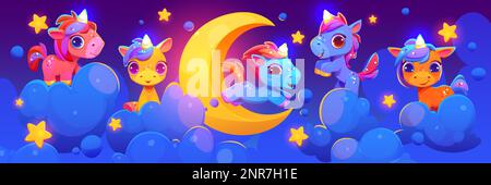 Süßes Einhorn mit Mond-, Sterns- und Wolkenvektorszene. Die Tapete eines Traumbabys mit einer Illustration aus Halbmond und fliegendem Pony für Kinder. Blaue magische Fantasielandschaft für Kinderzimmer oder Website-Banner. Stock Vektor