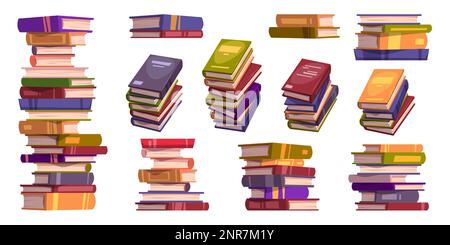 Bücher stapeln und stapeln sich zum Lernen und Lesen in der Bibliothek, Schule oder Buchhandlung. Lehrliteratur, Wörterbücher, Geschichten in farbigen Umschlägen, vektorrealistische Illustration Stock Vektor