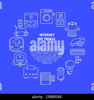 Vorlage für das Konzept des Internets der Dinge im Linienstil. Banner mit Smart Things Kontursymbolen und Platzierung für Text. Vektordarstellung. Stock Vektor