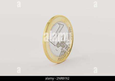 Eine Euro-Münze steht am Rand auf weißer Oberfläche. Isolieren Sie sie auf Weiß mit Schatten. Wirtschaft der Europäischen Union für Unternehmen und Finanzkonzept Stockfoto