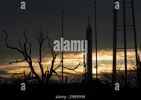 In this image provided by NASA, a Northrop Grumman Antares rocket carrying a Cygnus resupply spacecraft is seen at sunrise on Pad-0A, Friday, Feb. 14, 2020, at NASA's Wallops Flight Facility on Wallops Island, Va. High wind delayed Friday's launch to the International Space Station. It has been rescheduled for Saturday. (Aubrey Gemignani/NASA via AP)