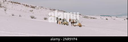 Reisen im Winter auf einem schneebedeckten Berg Stockfoto