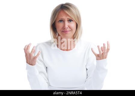 Bild einer blonden Frau isoliert vor weißem Hintergrund Stockfoto