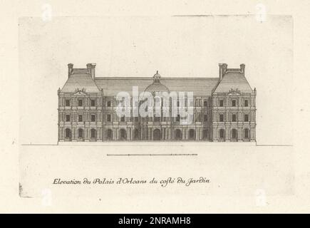 Die Gartenseite des Palastes Luxemburg (Palais du Luxembourg) wurde nach den Entwürfen des französischen Architekten Salomon de Brosse für Marie de' Medici erbaut. Elevation du Palais d'Orleans du cote du jardin. Gravur aus Kupferplatten, gezeichnet und graviert von Jean Marot aus seinen Recueil des Plans, Profils et Elevations de Plusieurs Palais, Chasteaux, Eglises, Sepulturen, Grotes et Hotels, Sammlung von Plänen, Profilen und Höhen von Palästen, Schlössern, Kirchen, Gräbern, Grotten und Hotels, chez Mariette, Paris, 1655. Stockfoto