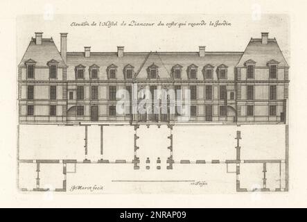 Das Hotel de Liancourt, ein prächtiges Haus oder Hotel, das von Salomon de Brosse und Jacques Lemercier für den Grafen von Liancourt im frühen 17. Jahrhundert erbaut wurde, befindet sich in einer Seitenhöhe mit Blick auf den Garten. Abgerissen 1825. Elevation de l'Hotel de Liancour du coste qui regarde le jardin. Gravur aus Kupferplatten, gezeichnet und graviert von Jean Marot aus seinen Recueil des Plans, Profils et Elevations de Plusieurs Palais, Chasteaux, Eglises, Sepulturen, Grotes et Hotels, Sammlung von Plänen, Profilen und Höhen von Palästen, Schlössern, Kirchen, Gräbern, Grotten und Hotels, chez Mariette, Paris, 1655. Stockfoto