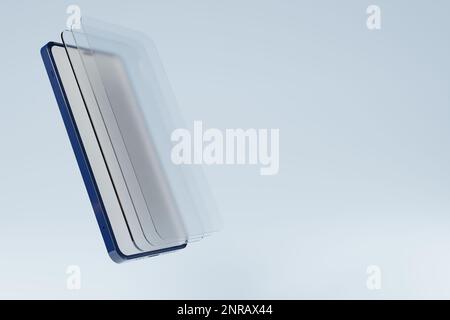 Smartphone mit dreistufiger Schutzbrille, die auf blauem Hintergrund schwebt. 3D-Rendering Stockfoto