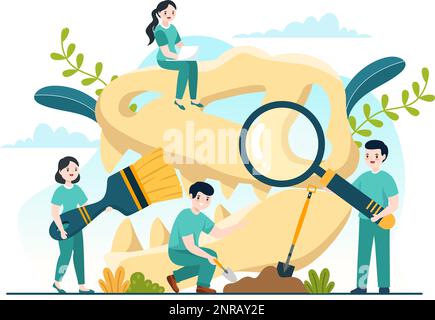 Fossil Illustration mit Archäologen findet Dinosaurier-Skelette auf Ausgrabungen oder beim Ausheben von Bodenschichten in Flat Cartoon Hand Drawn Templates Stock Vektor