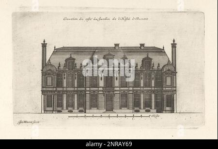 Das Hotel d'Aumont befindet sich auf der Gartenseite, einem ehemaligen Hôtel-Partyhaus in der Rue de Jouy 7, Marais, Paris. Erbaut von Louis le Vau und umgestaltet von den Architekten Francois Mansart, Michel Villedo und Landschaftsgärtner Andre le Notre für die ducs d'Aumont. Elevation du coste du Jardin de l'Hotel d'Aumont. Gravur aus Kupferplatten, gezeichnet und graviert von Jean Marot aus seinen Recueil des Plans, Profils et Elevations de Plusieurs Palais, Chasteaux, Eglises, Sepulturen, Grotes et Hotels, Sammlung von Plänen, Profilen und Höhen von Palästen, Schlössern, Kirchen, Gräbern, Grotten und Hotels, Stockfoto