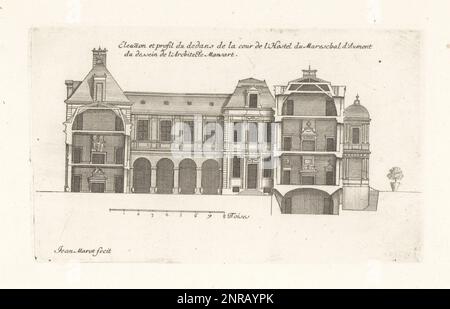 Lage und Profil des Innenhofs im Hotel des Mareschal Aumont, einem ehemaligen Hotel-Teilnehmer oder großen Haus in der Rue de Jouy 7, Marais, Paris. Erbaut von Louis le Vau und umgestaltet von den Architekten Francois Mansart, Michel Villedo und Landschaftsgärtner Andre le Notre für die ducs d'Aumont. Elevation et profile du dedans de la cour de l'Hostel du Mareschal d'Aumont du dessein de l'Architecte Mansart. Gravur aus Kupferplatten, gezeichnet und graviert von Jean Marot aus seinen Recueil des Plans, Profils et Elevations de plusieurs Palais, Chasteaux, Eglises, Sepultures, Grotes et Hotels, Collection of Pla Stockfoto