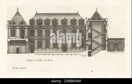 Profil des Hotel de Sully, Marais, Paris, ein großes Haus im Louis XIII-Stil oder Hotelteilnehmer in der Rue de Saint-Antoine 62, erbaut im 17. Jahrhundert vom Architekten Jean Androuet de Cerceau für Financier Mesme Gallet. Profil de l'Hotel de Sully. Gravur aus Kupferplatten, gezeichnet und graviert von Jean Marot aus seinen Recueil des Plans, Profils et Elevations de Plusieurs Palais, Chasteaux, Eglises, Sepulturen, Grotes et Hotels, Sammlung von Plänen, Profilen und Höhen von Palästen, Schlössern, Kirchen, Gräbern, Grotten und Hotels, chez Mariette, Paris, 1655. Stockfoto