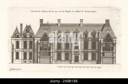 Hofhöhe im Haus Alexandre le Ragois de Bretonvilliers, 1621-1676. Als reicher katholischer Priester baute er das Hotel de Bretonvilliers an der Spitze der Ile Notre-Dame (jetzt Ile Saint-Louis). Abgerissen 1874. Elevation du dedans de la cour de la Maison de Monsr. De Bretonvillers. Gravur aus Kupferplatten, gezeichnet und graviert von Jean Marot aus seinen Recueil des Plans, Profils et Elevations de Plusieurs Palais, Chasteaux, Eglises, Sepulturen, Grotes et Hotels, Sammlung von Plänen, Profilen und Höhen von Palästen, Schlössern, Kirchen, Gräbern, Grotten und Hotels, chez Mariette, Paris, 165 Stockfoto