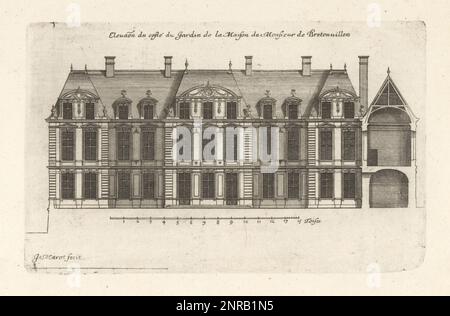 Erhöhung der Gartenseite des Hauses Alexandre le Ragois de Bretonvilliers, 1621-1676. Als reicher katholischer Priester baute er das Hotel de Bretonvilliers an der Spitze der Ile Notre-Dame (jetzt Ile Saint-Louis). Abgerissen 1874. Elevation du coste du Jardin de la Maison de Monsr. De Bretonvillers. Gravur aus Kupferplatten, gezeichnet und graviert von Jean Marot aus seinen Recueil des Plans, Profils et Elevations de Plusieurs Palais, Chasteaux, Eglises, Sepulturen, Grotes et Hotels, Sammlung von Plänen, Profilen und Höhen von Palästen, Schlössern, Kirchen, Gräbern, Grotten und Hotels, chez Mariette, Paris, 165 Stockfoto