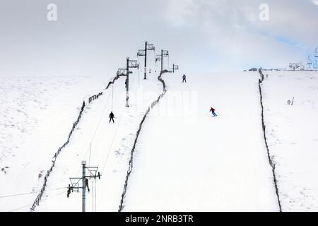 Aktenfoto vom 30. Januar 12/22 von Personen, die im Lecht Ski Centre in Strathdon in den Cairngorms, Scottish Highlands, Ski fahren, da zwei prominente britische Wintersportler einen schwedischen Ski-Wettbewerb wegen der Annahme von Sponsoring von CO2-intensiven Unternehmen verurteilt haben. Stockfoto