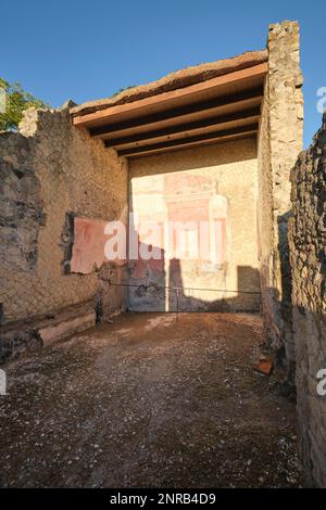 Die goldenen Sonnenstrahlen am Nachmittag treffen auf Teile eines Fresko in der Casa Del Portale. In der römischen Ruine der archäologischen Stadt, der Stadt Herculaneum, in der Nähe von Neapel, Stockfoto