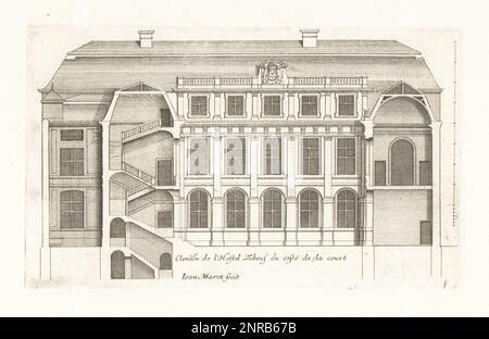 Erhöhung der Hofseite des Hotel Tubeuf (jetzt Hotel Colbert de Torcy), ein großes Haus oder Hotelteilnehmer in der Rue Vivienne 16, Paris, erbaut 1635 vom Architekten Jean Thiriot und gekauft vom Finanzier Jacques Tubeuf. Elevation de l'Hostel Tubeuf du coste de la Court. Gravur aus Kupferplatten, gezeichnet und graviert von Jean Marot aus seinen Recueil des Plans, Profils et Elevations de Plusieurs Palais, Chasteaux, Eglises, Sepulturen, Grotes et Hotels, Sammlung von Plänen, Profilen und Höhen von Palästen, Schlössern, Kirchen, Gräbern, Grotten und Hotels, chez Mariette, Paris, 1655. Stockfoto