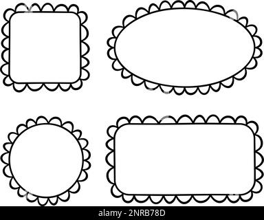 Doodle Circle und quadratische Muschelrahmen. Handgezeichnete Rechteck- und Ellipsenformen mit ausgekrümmten Kanten. Einfaches Etikettenformular. Rahmen aus Blumenspitze Stock Vektor