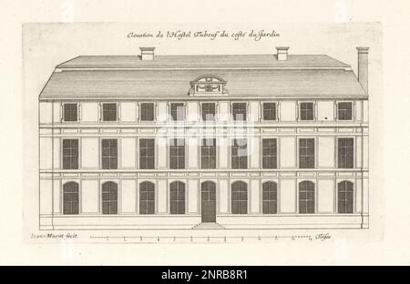 Das Hotel Tubeuf (jetzt Hotel Colbert de Torcy) befindet sich auf der Gartenseite. Es befindet sich in der Rue Vivienne 16, Paris, 1635 vom Architekten Jean Thiriot erbaut und vom Finanzier Jacques Tubeuf erworben. Elevation de l'Hostel Tubeuf du coste du Jardin. Gravur aus Kupferplatten, gezeichnet und graviert von Jean Marot aus seinen Recueil des Plans, Profils et Elevations de Plusieurs Palais, Chasteaux, Eglises, Sepulturen, Grotes et Hotels, Sammlung von Plänen, Profilen und Höhen von Palästen, Schlössern, Kirchen, Gräbern, Grotten und Hotels, chez Mariette, Paris, 1655. Stockfoto