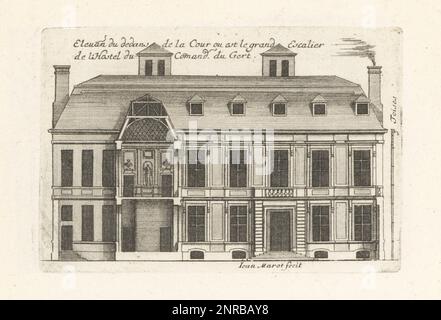 Erhöhung des Innenhofs mit großer Treppe im Hotel de Jars, das 1648 in der Nähe des Porte de Richelieu vom Architekten Francois Mansart für Francois Rochechouart, Commandeur de Jars, erbaut wurde. Elevation du dedans de la Cour ou est le Grand Escalier, de l'Hostel du Comandeur du Gert, a Paris proche la porte de Richelieu. Gravur aus Kupferplatten, gezeichnet und graviert von Jean Marot aus seinen Recueil des Plans, Profils et Elevations de Plusieurs Palais, Chasteaux, Eglises, Sepulturen, Grotes et Hotels, Sammlung von Plänen, Profilen und Höhen von Palästen, Schlössern, Kirchen, Gräbern, Grotten und Hotels, Che Stockfoto