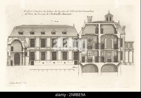 Profil und Höhe des Innenhofs des Hotel de Jars, in der Nähe des Porte de Richelieu, 1648 vom Architekten Francois Mansart für Francois Rochechouart, Commandeur de Jars, entworfen. Profil et Elevation du dedans de la Cour de l'Hostel du Comandeur du Gert, A Paris proche la porte de Richelieu, du dessein de l'architecte Mansart. Gravur aus Kupferplatten, gezeichnet und graviert von Jean Marot aus seinen Recueil des Plans, Profils et Elevations de plusieurs Palais, Chasteaux, Eglises, Sepultures, Grotes et Hotels, Sammlung von Plänen, Profilen und Höhen von Palästen, Schlössern, Kirchen, Grabstätten Stockfoto