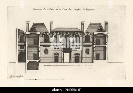 Das Hotel de Carnavalet (jetzt Musee Carnavalet) befindet sich in einem von den Architekten Androuet Ducerceau, Jean Goujon und Jean Bullant erbauten großen Haus oder Hotel in der Rue Culture Sainte-Catherine (Rue de Sévigné), Paris, umgestaltet von Francois Mansart. Elevation du dedans de la Cour de l'Hostel d'Argouge. Gravur aus Kupferplatten, gezeichnet und graviert von Jean Marot aus seinen Recueil des Plans, Profils et Elevations de plusieurs Palais, Chasteaux, Eglises, Sepultures, Grotes et Hotels, Sammlung von Plänen, Profilen und Höhen von Palästen, Schlössern, Kirchen, Gräbern, Grotten und H Stockfoto