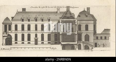 Der Hof des Hotel de Chimay (ehemals Hotel de La Baziniere) befindet sich auf einer Höhe, die 1635 erbaut und vom Architekten Francois Mansart umgestaltet wurde. Elevation du coste de la Cour de l'Hostel de la Basignere. Gravur aus Kupferplatten, gezeichnet und graviert von Jean Marot aus seinen Recueil des Plans, Profils et Elevations de plusieurs Palais, Chasteaux, Eglises, Sepultures, Grotes et Hotels, Sammlung von Plänen, Profilen und Höhen von Palästen, Schlössern, Kirchen, Gräbern, Grotten und Hotels, chez Mariette, Paris, 1655. Stockfoto