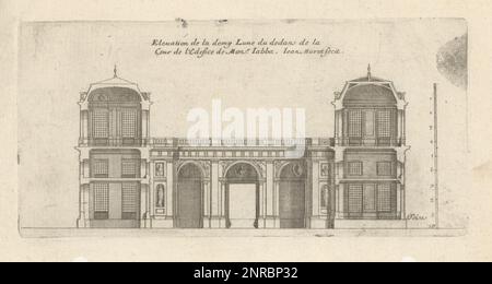 Halbmond im Innenhof des Hotel Jabach, Rue Saint-Merri 42, Paris. Großes Haus, erbaut vom Architekten Pierre Bullet für Everhard Jabach, 1618-1695, französischer Geschäftsmann, Kunstsammler und Direktor der French East India Company. Abgerissen im 20. Jahrhundert. Elevation de la demy Lune du dedans de la Cour de l'Edefice de Monsr. Iabba. Gravur aus Kupferplatten, gezeichnet und graviert von Jean Marot aus seinen Recueil des Plans, Profils et Elevations de plusieurs Palais, Chasteaux, Eglises, Sepultures, Grotes et Hotels, Sammlung von Plänen, Profilen und Höhen von Palästen, Schlössern, Stockfoto