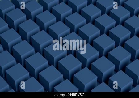 Zeile mit abstrakten blauen Würfeln in einem Muster. Abstrakte geometrische Formen, Stillebenszusammensetzung. Futuristische Technologie. 3D-Rendering. Stockfoto
