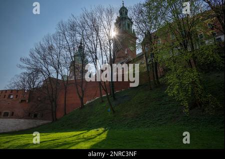 Blick auf das malerische Wawelschloss, die historisch und kulturell bedeutendste Stätte im Zentrum von Kraków, Polen. Stockfoto