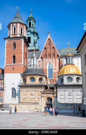 Blick auf die Wawel-Kathedrale oder die königliche Erzkathedrale Basilika der Heiligen Stanislaus und Wenzelaus auf dem Wawel-Hügel, Teil der Königlichen Burg Wawel. Stockfoto