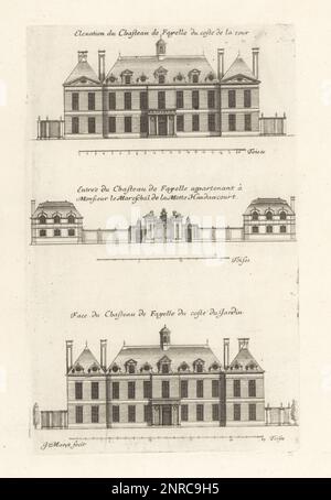 Innenhof, Eingang und Gartenfassade des Chateau du Fayel, entworfen von Jacques Sparrow, erbaut für Philippe de La Mothe-Houdancourt, Marshall von Frankreich und Vizekönig von Katalonien. Elevation du coste de la Cour, Entree et face du coste du Jardin du Chasteau de Fayelle appartenant a Monsr. le Mareschal de la Motte Haudancourt. Gravur aus Kupferplatten, gezeichnet und graviert von Jean Marot aus seinen Recueil des Plans, Profils et Elevations de plusieurs Palais, Chasteaux, Eglises, Sepultures, Grotes et Hotels, Sammlung von Plänen, Profilen und Höhen von Palästen, Schlössern, Kirchen, Gräbern, Grotten A. Stockfoto