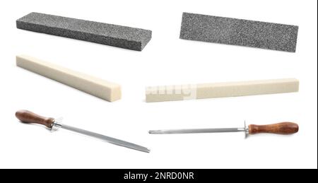 Set mit verschiedenen Spitzern für Messer auf weißem Hintergrund Stockfoto
