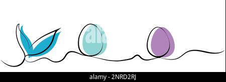 Breites, einfaches Banner mit osterhasen und Eiern auf weißem Hintergrund, Vektorgrafik im Strichkunststil und Minimalismus. Konzept - Kaninchenohr im Stock Vektor
