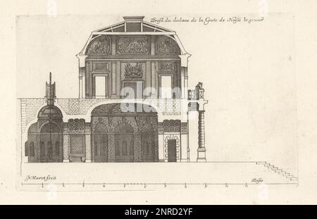 Abschnitt im Inneren der Grotte am Chateau de Noisy-le-Grand oder Noisy le ROI). 1582 für Albert de Gondi erbaut und von König Ludwig XIV. Erworben Abgerissen. Profil du dedans de la Grote de Noissi le Grand. Gravur aus Kupferplatten, gezeichnet und graviert von Jean Marot aus seinen Recueil des Plans, Profils et Elevations de plusieurs Palais, Chasteaux, Eglises, Sepultures, Grotes et Hotels, Sammlung von Plänen, Profilen und Höhen von Palästen, Schlössern, Kirchen, Gräbern, Grotten und Hotels, chez Mariette, Paris, 1655. Stockfoto