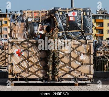 EIN US-AMERIKANISCHER Marine, der Task Force 61/2 zugewiesen, beginnt mit der Entladung humanitärer Hilfe in Serinyol, Türkiye, 25. Februar 2023. Auf Ersuchen der türkischen Regierung wird das US-Militär, das der Task Force 61/2 und 39. Air Base Wing zugewiesen ist, mit dem Bau eines Feldlazaretts für die vom Erdbeben vom Februar 6 betroffenen Bürger beauftragt. Task Force 61/2 (TF 61/2) ist unter den USA tätig Sechste Flotte, USA Naval Forces Europe (NAVEUR) und USA Europäisches Kommando im Rahmen der internationalen türkischen Katastrophenhilfe. (USA Marine Corps Foto von Sergeant James Bourgeois/Released) Stockfoto