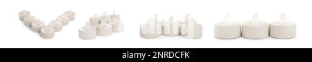 Set mit dekorativen, flammenlosen LED-Kerzen auf weißem Hintergrund. Bannerdesign Stockfoto