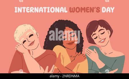 Internationaler Frauentag. Vektordarstellung von glücklichen lächelnden, vielfältigen Frauen, die zusammenstehen. Isoliert EPS10 Stock Vektor