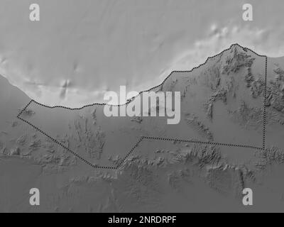 Sahil, Region Somalia. Grauskala-Höhenkarte mit Seen und Flüssen Stockfoto