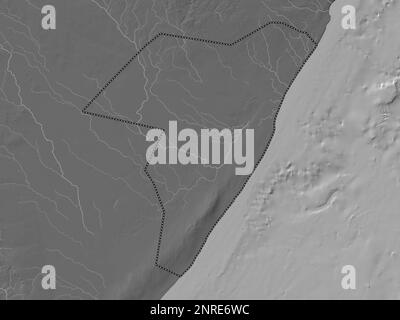 Mudug, Region Somalia Festland. Bilevel-Höhenkarte mit Seen und Flüssen Stockfoto