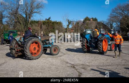 Zwei klassische Fordson-Traktoren kommen zu einer Wohltätigkeitsveranstaltung in Wisborough Green in Großbritannien. Stockfoto