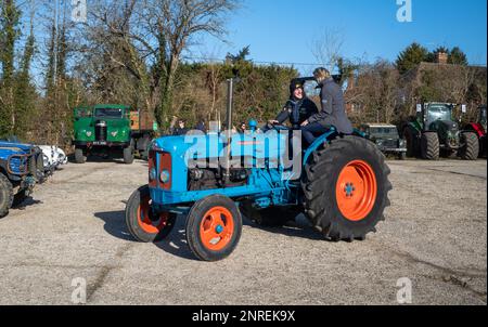 Ein Mann, der einen klassischen Fordson-Traktor fährt, sieht seinen Partner, der bei einer Rallye im britischen Wisborough Green auf dem Radlauf sitzt. Stockfoto